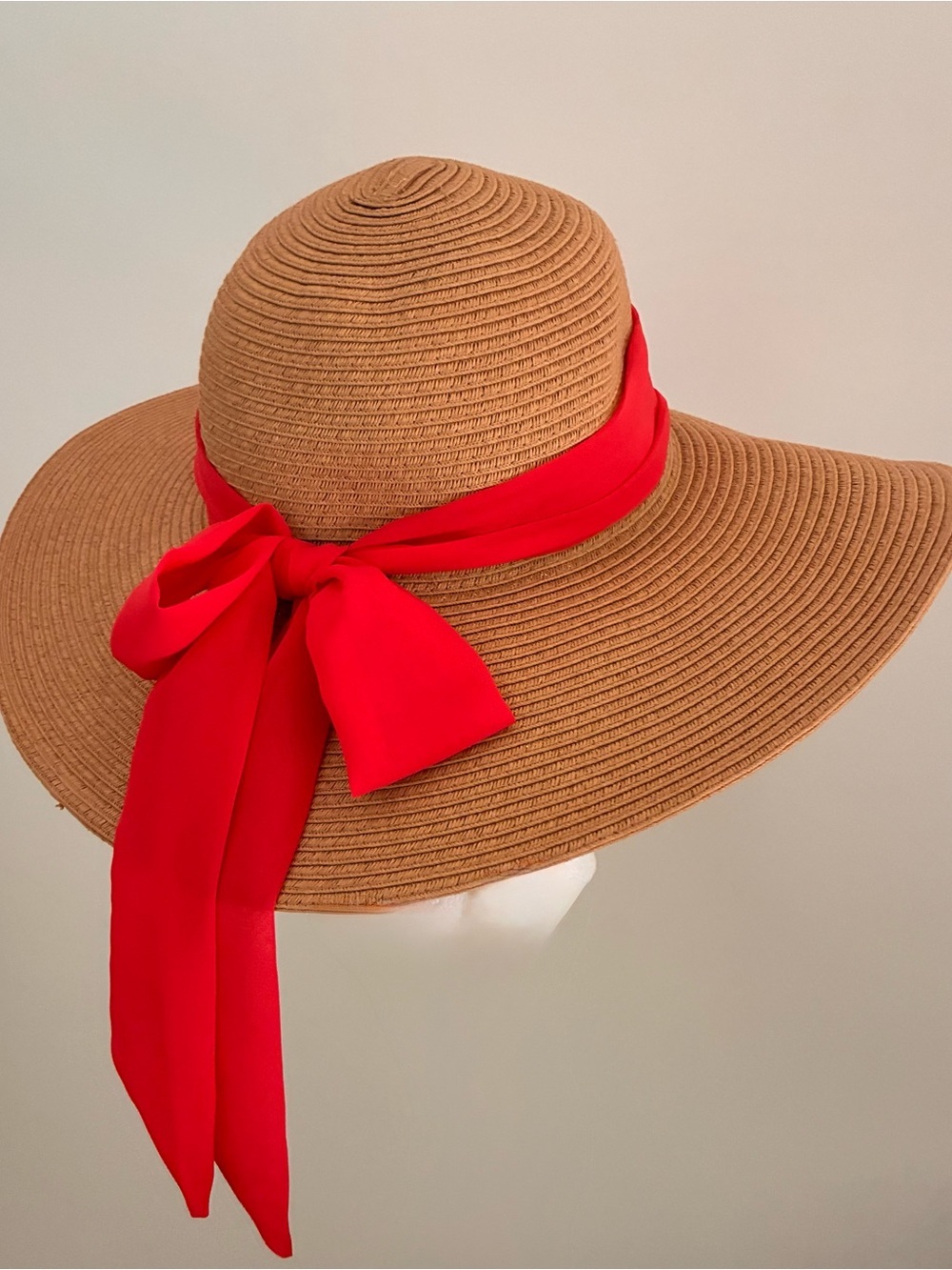 Haute Hippie Wide Brim Straw Sun Hat coral hot pink chiffon Ribbon Bow bohemian - Picture 5 of 6